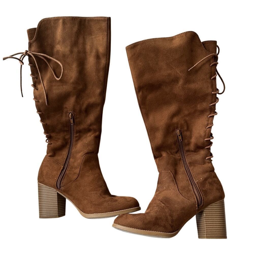 Size 9 Brown Lace Up Back Block Heel Knee Length Boots Western Fall Side Zip